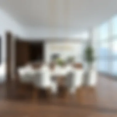 Modern dining area featuring a ten-chair table set with minimalist design