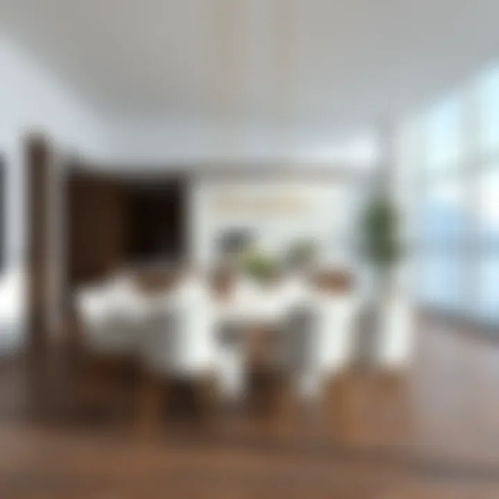 Modern dining area featuring a ten-chair table set with minimalist design