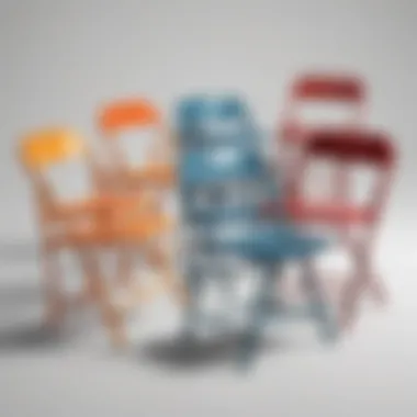 A collection of metal folding chairs in various colors arranged for display.