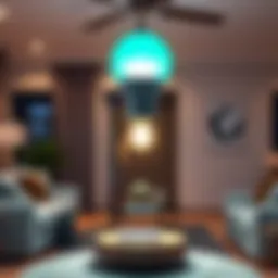 A sleek and modern rechargeable smart light bulb illuminating a cozy living room