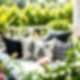Elegant black and white patio pillows arranged on outdoor furniture