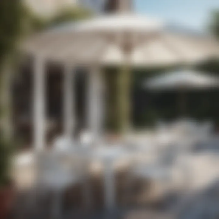 Stylish outdoor dining area with white umbrellas