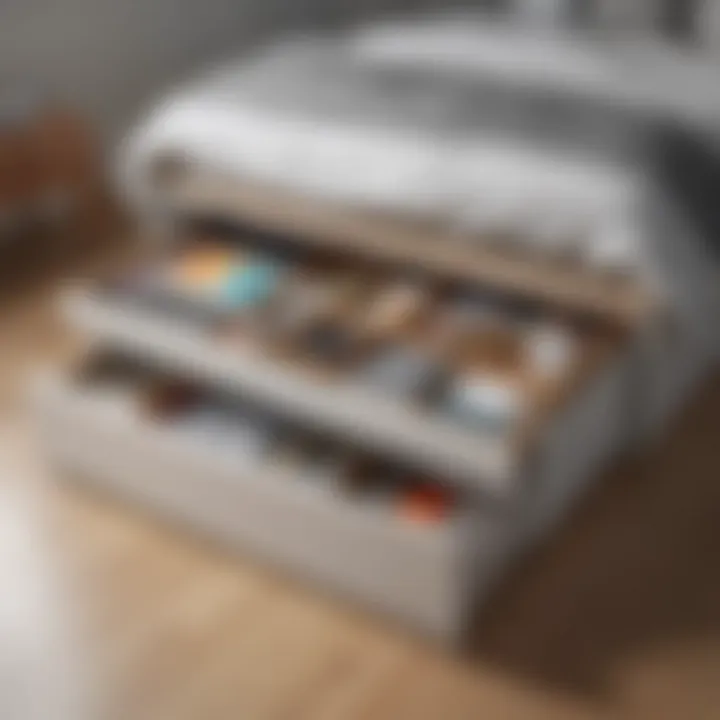 Creative arrangement of various under-bed storage containers for optimal space utilization.