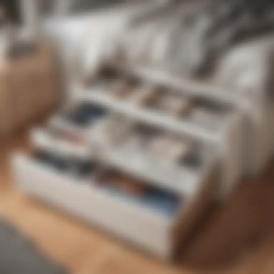 Elegant under-bed storage solution showcasing stylish drawers in a well-organized dorm room.