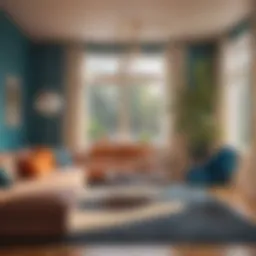The modern living room illuminated by Hue lights showcasing an inviting atmosphere.