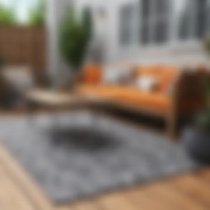 Stylish patio mat on a wooden deck with furniture